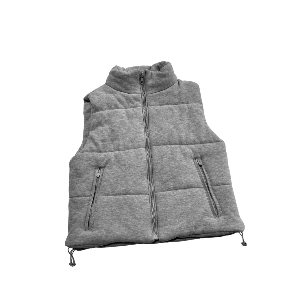 French Quarter Womens Heather Gray Puffer Vest Zip Up Quilted Bungee Hem Small